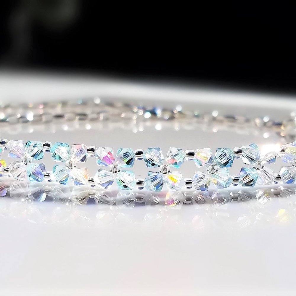 Handmade Beaded Crystal Choker/ Light Azore Turquoise Clear and Silver Necklace